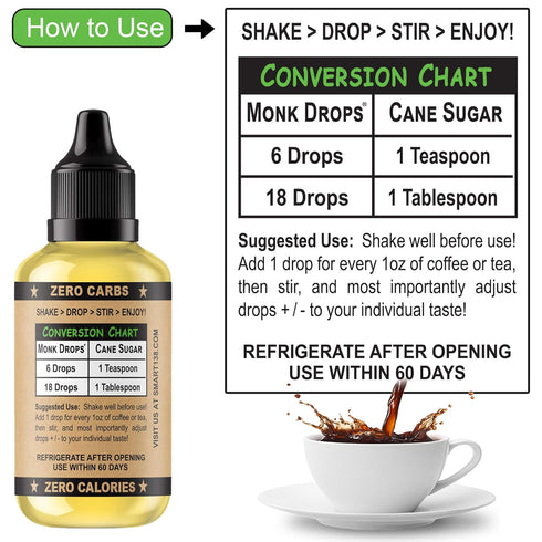 Monk Drops 100% Monkfruit Liquid Sweetener, Zero Calories, Zero Sugar, Concentrated Monk Fruit (1.5 Fl Oz, 350 Servings)