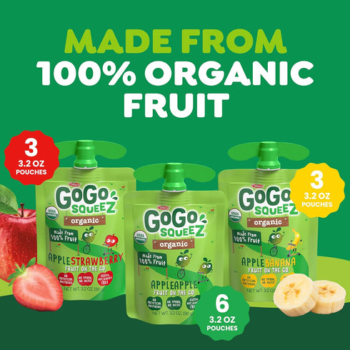 Pack, 3.2 oz (Pack 12), GoGo squeeZ Organic Applesauce and Fruit Puree, Variety Apple, Strawberry & Banana