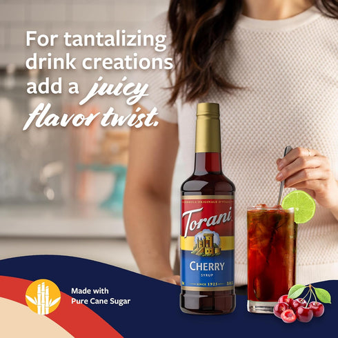 25.4 Oz Torani Cherry Syrup for Drinks, Flavoring for Iced Tea, Lemonade, and Sodas, Pump Included