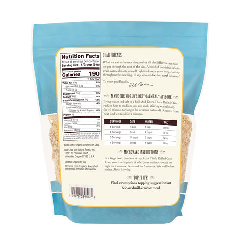 32oz (Pack 4) Bob's Red Mill Organic Extra Thick Rolled Oats, of - Non GMO, Whole Grain, Vegan, Kosher