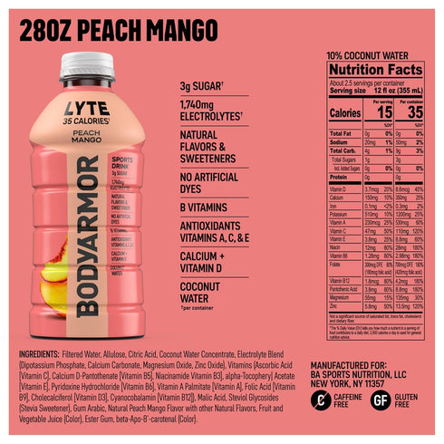 35 28 Oz (15 Pack), BODYARMOR LYTE, Peach Mango, Electrolyte Drink, Calories, Fl Bottles Coconut Water Sports Drink