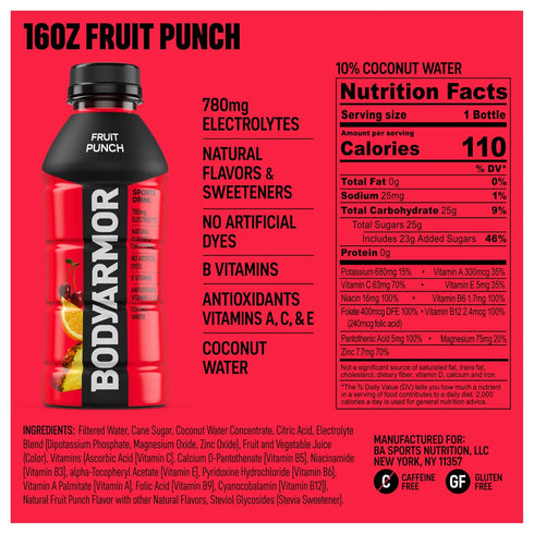 Potassium-Packed 16 Oz (Pack 12) BODYARMOR Sports Drink Sports Beverage, Fruit Punch, Coconut Water Hydration, Natural
