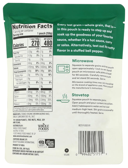 365 90-Second 8.8 by Whole Foods Market, Organic Brown Basmati Rice, Microwave in Pouch, Ounce