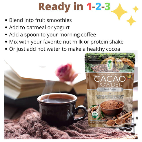2 lb Pure Natural Miracles Cacao Powder - Organic, Raw, Unsweetened, Sugar Free Cocoa - Wild Chocolate Flavor - Perfect