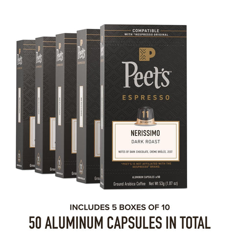 100% 11, 50 Count (5 10 Peet's Coffee, Dark Roast Espresso Capsules, Compatible with Nespresso Original Machine
