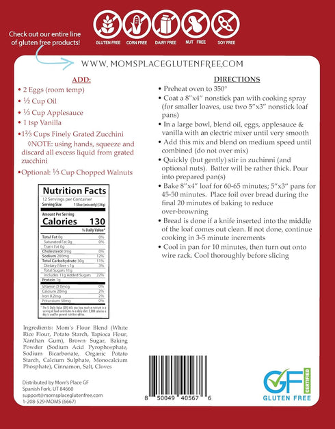 16 15.2 oz Mom's Place Gluten-Free Zucchini Bread Mix, Dairy Free, Soy Free, Non-GMO, Servings