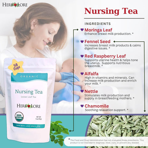 Herb Lore 58 Organic Nursing Tea - Servings - Loose Leaf - Fenugreek Free Lactation Tea with Moringa for Breastfeeding