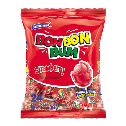 Colombina Bon Bon Bum Strawberry Lollipops Fruit Hard Candy, Individually Wrapped Sweet