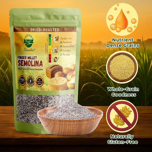 450 (1 lb) Danodia Foods Ragi Semolina (Finger Millet Rava) g Stone-Ground, Coarse Texture Naturally Gluten-Free