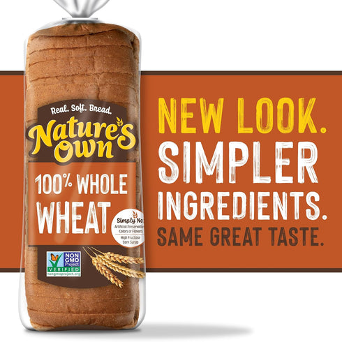100% 20 oz Nature's Own Whole Wheat Bread, Sliced Non-GMO Sandwich Bread, Loaf