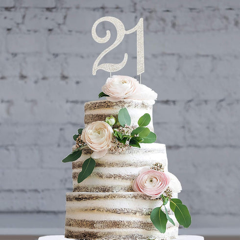 21 Cake Topper, Premium Silver Metal, 21st Birthday Party Sparkly Rhinestone Decoration, Great Centerpiece