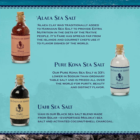 3 Count 2oz. Sea Salts of Hawaii Sea Salt Sampler Box - Each of Alaea, Uahi & Kona - Made in Hawaii
