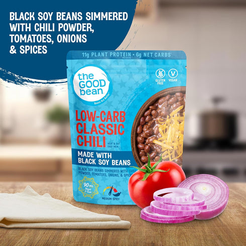 (4 Pack) 10 oz Simmered The Good Bean Heat and Eat Pouch - Low-Carb Classic Chili - Pouch - Black Soybeans with Chili