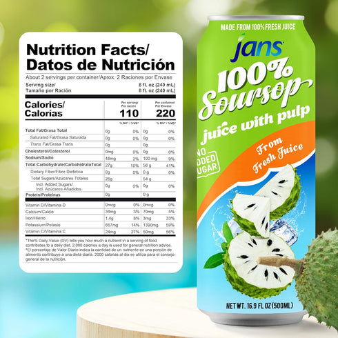 100% (16.9 oz, Pack 12) JANS Soursop Juice with Pulp of NO Sugar Added, Pure Guanabana Graviola Fresh from Juice, Not