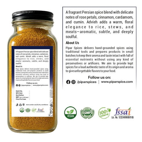 2 oz (57g) Pack Pipar Spices Advieh - Persian Spice Blend, Glass Bottle, | Hand-Stone Ground Spices
