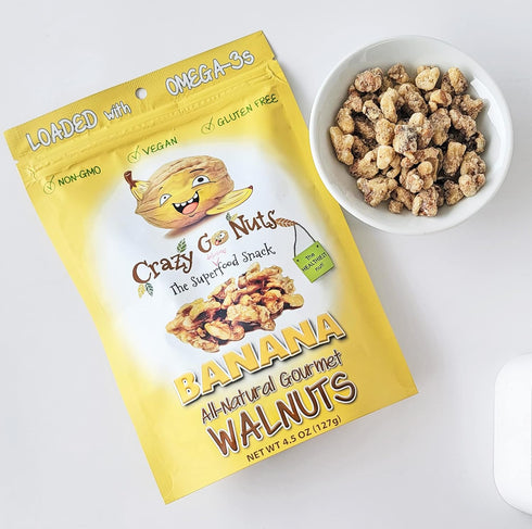 3 4.5 Oz, 3-Pack Crazy Go Nuts Walnuts Banana - Glazed Walnuts, Healthy Snacks, Vegan, Gluten Free, Superfood-Natural