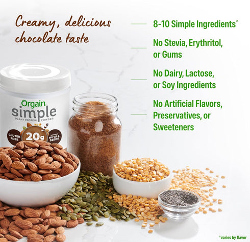 20g 1.25 lb (Packaging Orgain Organic Simple Vegan Protein Powder, Chocolate - Plant Based Protein, Made with less