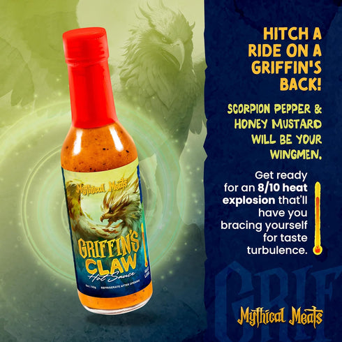 8/10 Mythical Meats Griffin's Claw Hot Sauce - Scorpion Pepper & Honey Mustard, Gluten Free, Non- GMO, Heat