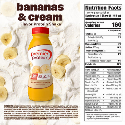 30g 24 Immune 11.5 oz, 12 Pack Premier Protein Shake, Bananas & Cream, Protein, No Added Sugar, Vitamins & Minerals
