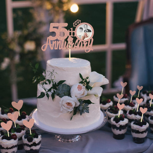Sumerk 55th Anniversary Cake Topper, 13PCS Rose Gold Glitter Cake Decorations for Wedding Anniversary Celebration Party