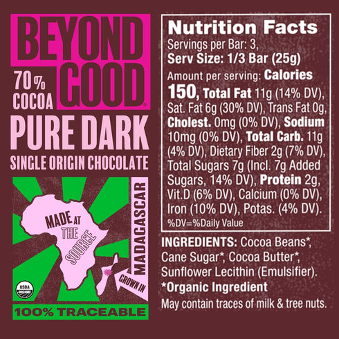 70%, 2.64 OZ Beyond Good Organic Madagascar Dark Chocolate Bar