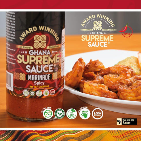GHANA SUPREME SAUCE - Marinade for Meats and Base for Jollof Rice - Spicy - 12 Fluid Ounces