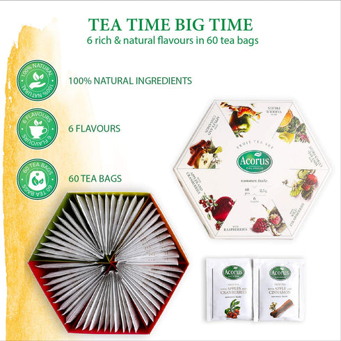 ACORUS Summer Taste Tea Set, Natural Assorted Tea Hamper Box Gift Set, 60 Teas Bags, 6 Fruit Flavors