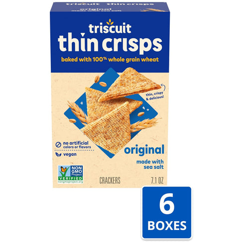 6 7.1 oz Triscuit Thin Crisps Original Whole Grain Wheat Crackers, Vegan Snacks, Bulk Snack Crackers, - Boxes