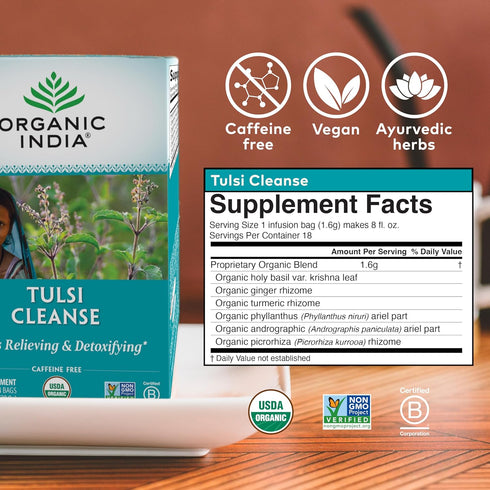 Immune 18 6 Pack Organic India Tulsi Cleanse Detox Tea - Holy Basil, Ginger, Turmeric, Herbal Tea, Stress Relieving