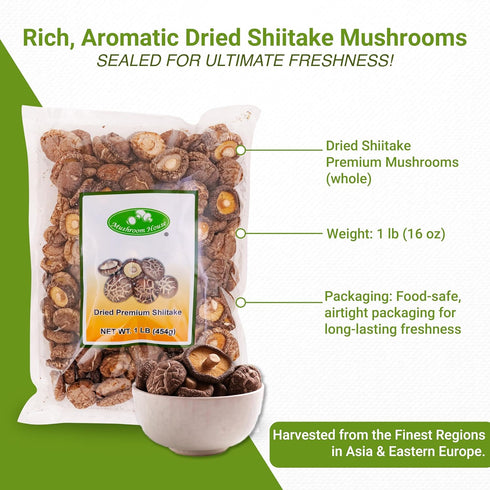 16 oz Amazon Title: Mushroom House Dried Shiitake Premium Mushrooms, Whole, - Naturally Dried, Rich Umami Flavor