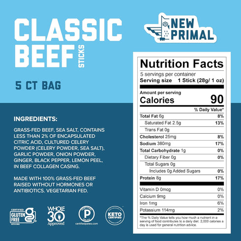 Whole30 8g 90 5 Pack The New Primal Grass Fed Beef Sticks, Keto, Gluten Free Healthy Snacks for Adults, Sugar Free Low