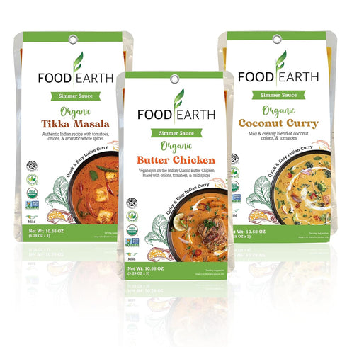 Food Earth Indian Simmer Sauces, Butter Chicken, Coconut Curry, Tikka Masala - 6 Pouches x 5.29 oz