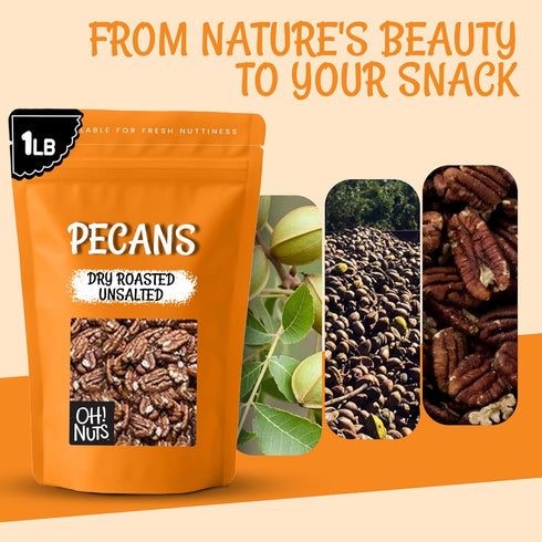 Packed 1 LB Oh! Nuts Pecans Dry Roasted Unsalted - Kosher, Oil-Free, All Natural Pecans - For Baking, Snacks, Salad