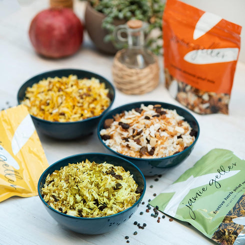 6 5 oz (142g), 2 Pack Jamie Geller Trio of Pilaf Mixes - Mujadara Lentil, Festive Herb and Jeweled Almond | Total