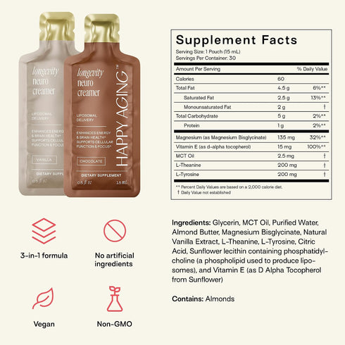 200mg 200mg 135mg 2.5g 30 Happy Aging Liposomal Nootropic Coffee Creamer | L-Theanine, L-Tyrosine, Magnesium, MCT Oil |