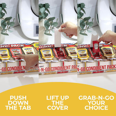 Packs 50 (200 Packets Grab-n-Go Condiment - Single Serve Pouches of Each: Ketchup, Mustard, Relish, and Mayo - Great