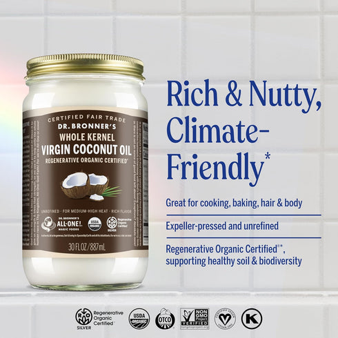 30 Dr. Bronner's - Organic Virgin Coconut Oil (Whole Kernel, Ounce) - Coconut Oil for Cooking, Baking, Hair and Body