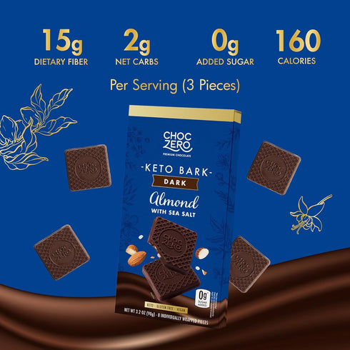 (4 Count, 3.2oz ChocZero Dark Chocolate Almond Bark with Sea Salt, Sugar Free, Vegan, Low Carb, High Fiber, Keto