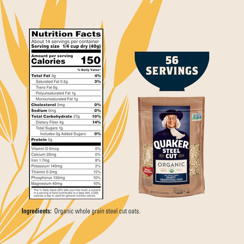 20oz (Pack 4) Quaker Steel Cut Oats, USDA Organic, Non GMO Project Verified, Resealable Bags
