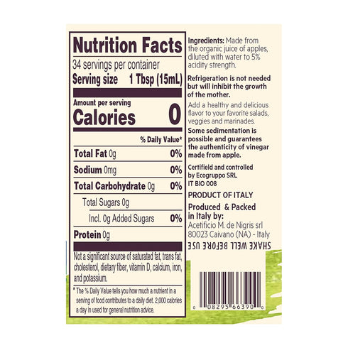 16,9 Oz (Pack 2) De Nigris Organic Apple Cider Vinegar Raw & Unfiltered of | Apple Cider Vinegar With Mother A Source