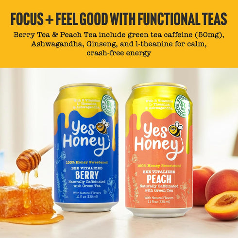 Pack, 5 11oz 100% Yes Honey Sparkling Tea & Soda Variety Flavors, Cans, Honey-Sweetened, Functional Teas