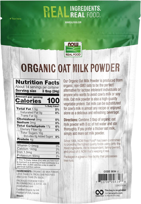 12 NOW Foods, Organic Oat Milk Powder, Dairy and Soy Free, No Sugar Added, Vegan, NGMO, Gluten Free, Ounce