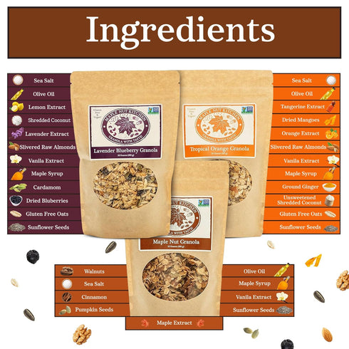 Pack 10 oz 3-Pack Maple Nut Kitchen Artisanal Variety Granola Bites - Lavender Blueberry, Tropical Orange, Maple Nut