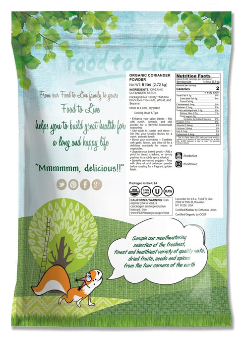 6 Food to Live Organic Coriander Powder, Pounds Freshly Ground, Pure, Natural Spice for Cooking, Baking and Seasoning