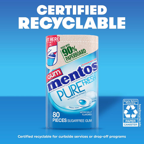 Mentos Pure Fresh Sugar-Free Chewing Gum with Xylitol, Fresh Mint, 80 Piece in Recyclable Paperboard Bottle