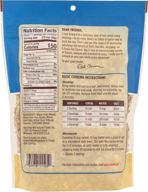 5 16oz (Pack 4) Bob's Red Mill Grain Hot Cereal, of - Non GMO, Vegan, Kosher