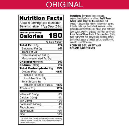 13.1oz (1 Kashi GO Breakfast Cereal, Vegetarian Protein, Fiber Cereal, Original, Box Box)