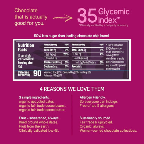 65% 3 8 Oz Just Date Organic Date Sweetened Dark Chocolate Chips / Cacao / Vegan / No Sugar Added / Only Ingredients /