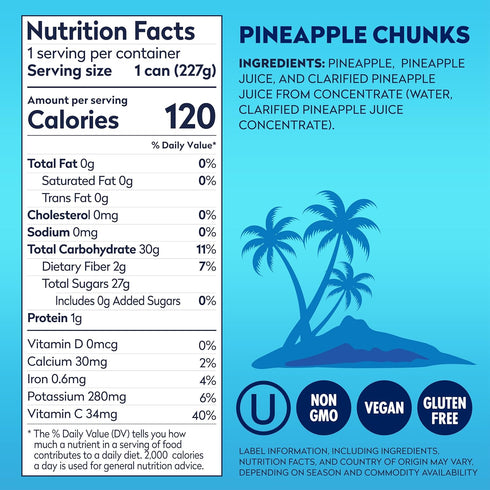 100% 8 oz 12 Pack Dole Pineapple Chunks in Pineapple Juice with No Sugar Added - Dole Canned Fruit - Cans