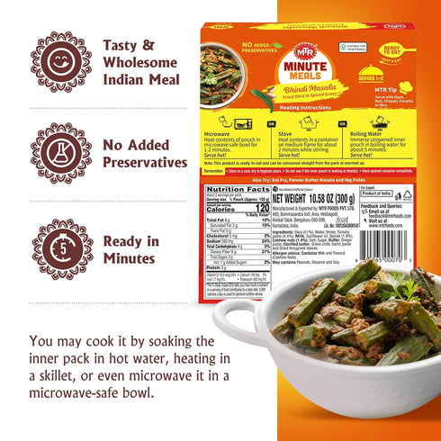 (Pack 6) MTR - Bhindi Masala - Fried Okra in Spiced Gravy - Authentic Indian Ready To Eat Meal - Plant-Based, Delicious